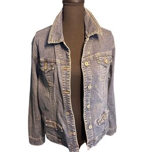 Chicos Platinum Denim Jacket Blue Button Front Trucker Style Women Size 2